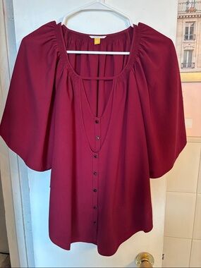 leifsdottir Raspberry Button-Front Flutter Sleeve Blouse